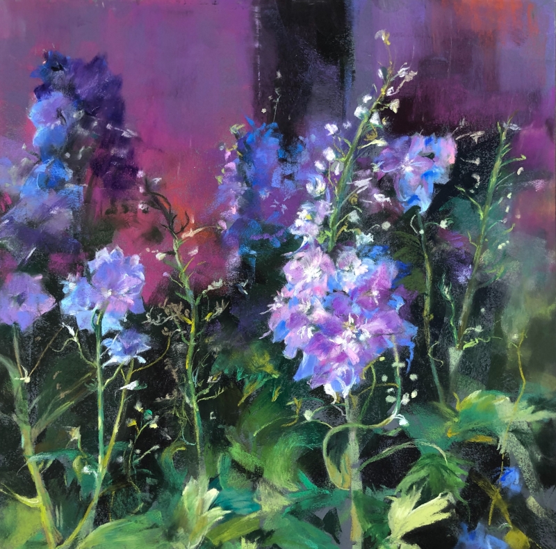 Delphinium Dell pastel by artist Enid Wood